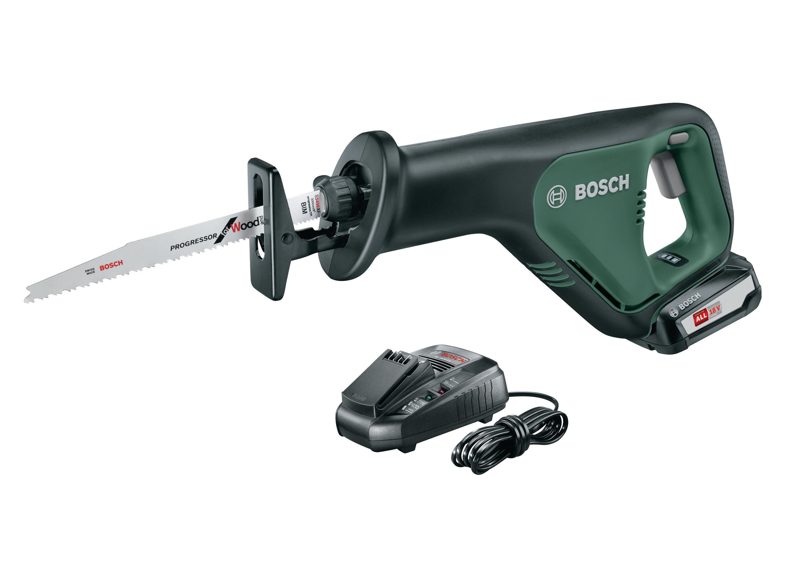 Bosch Säbelsäge mit Akku und Ladegerät, schwarz und grün.