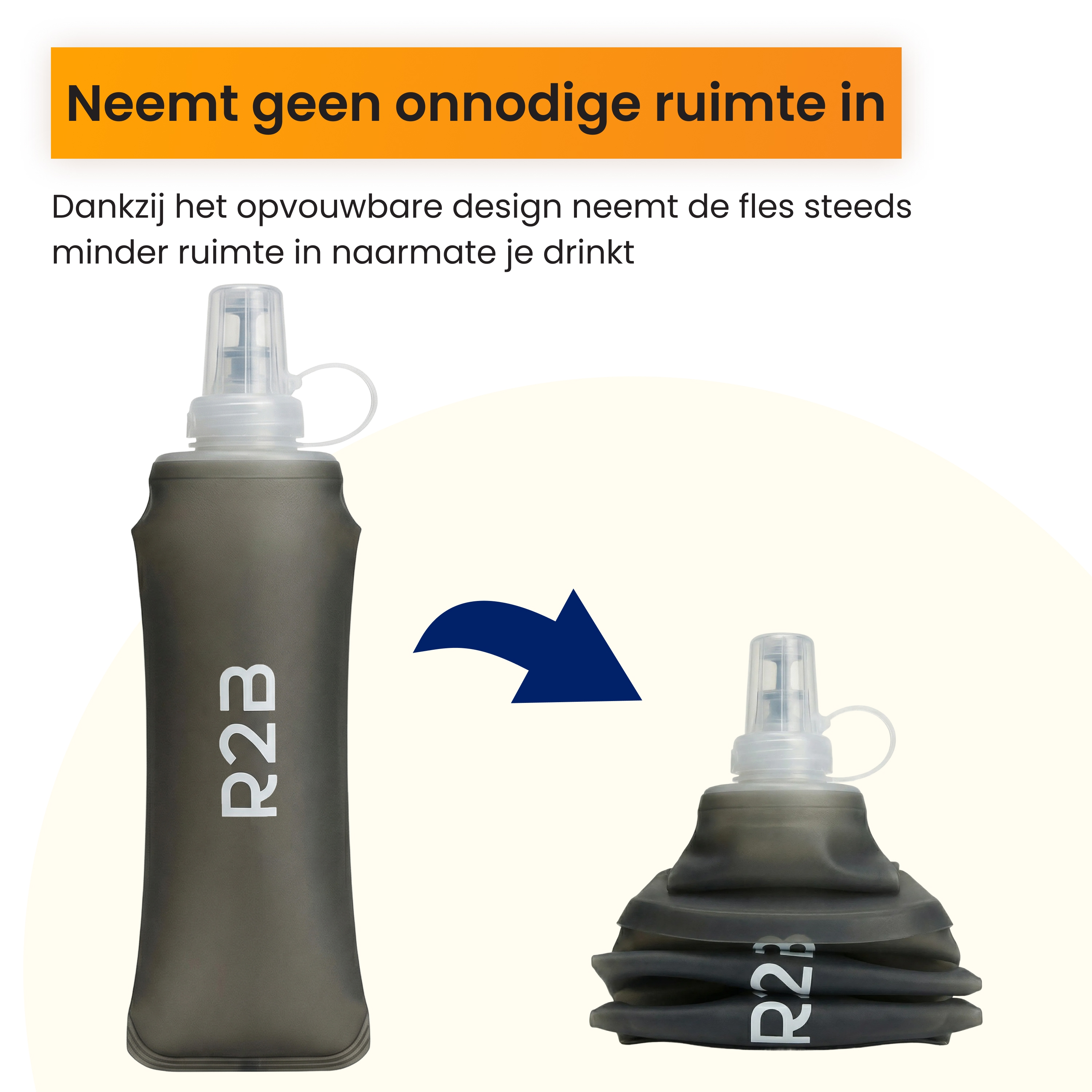 Une bouteille grise pliable avec logo R2B, montrant son pliage.
