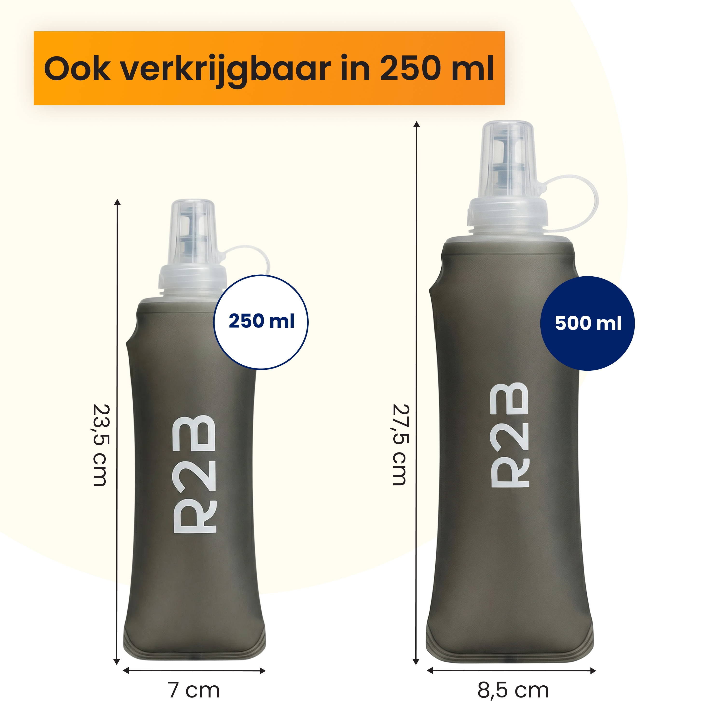 Deux gourdes souples, 250ml et 500ml, avec mesures.