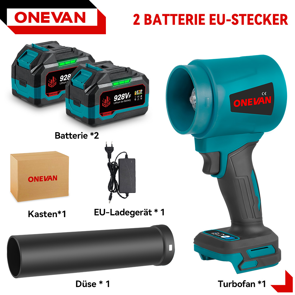 Ein Turbogebläse mit zwei Batterien, Ladegerät, Düse und Kasten.