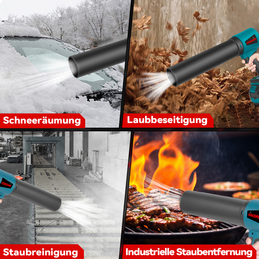 Vier Szenen: Schnee räumen, Laub beseitigen, Staub reinigen, Grill anfachen.