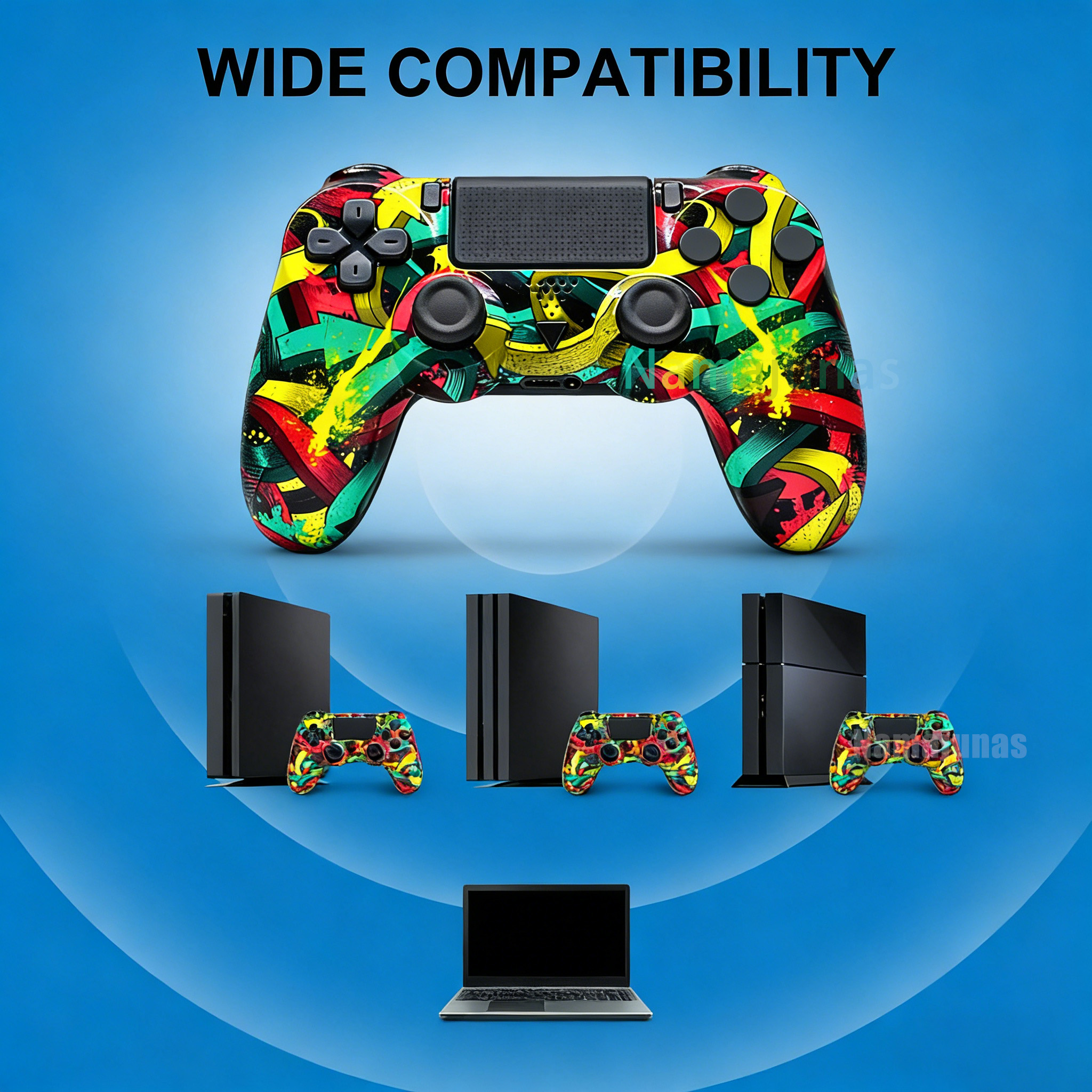 Ein bunter Controller über drei Spielekonsolen und einem Laptop.