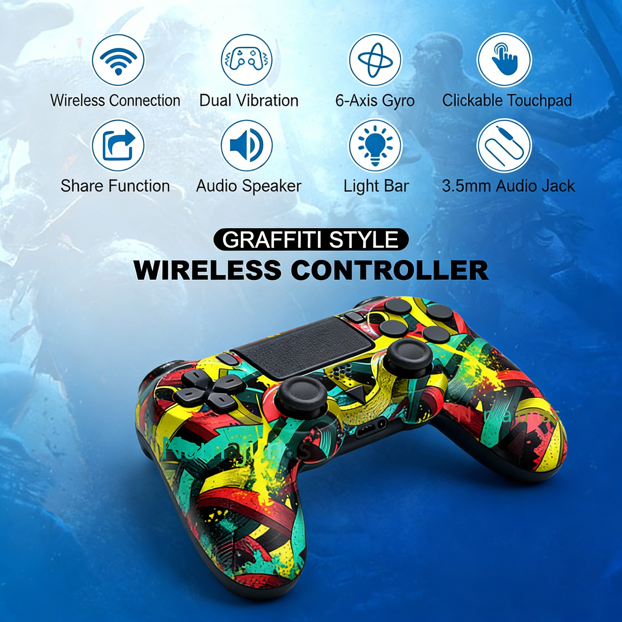 Ein bunter Graffiti-Controller mit Icons für drahtlose Verbindung, Vibration, Gyro.