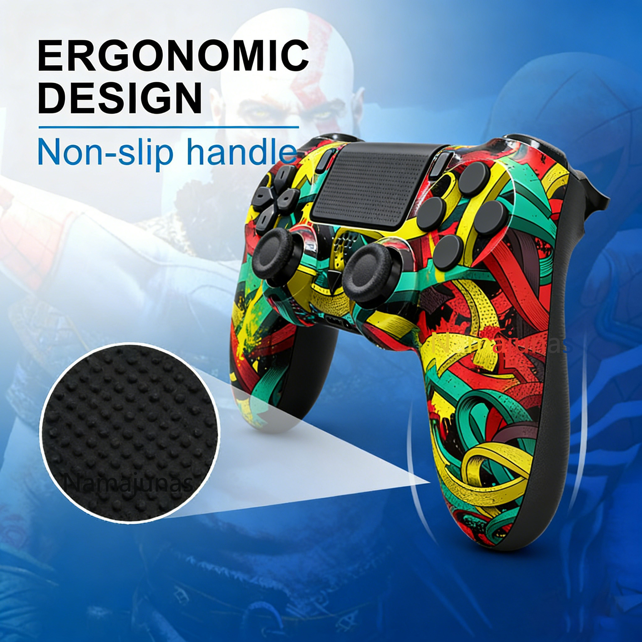 Bunter Controller mit "Ergonomisches Design"-Text und Nahaufnahme der griffigen Oberfläche.