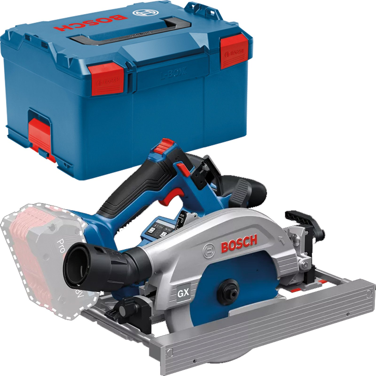 Ein blauer Bosch L-BOXX-Werkzeugkasten und eine silberne und blaue Bosch Kreissäge.