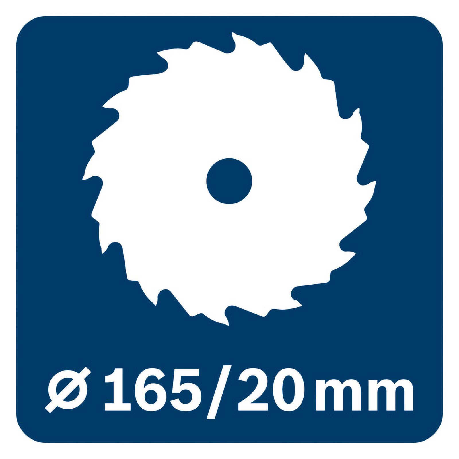 Sägeblatt-Symbol mit 165/20 mm Angabe.