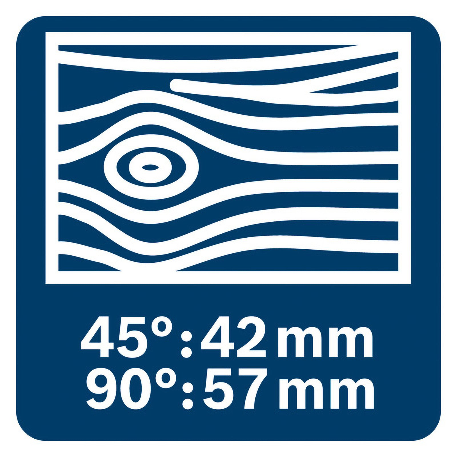 Holzmaserung-Symbol mit Maßen 45 Grad: 42 mm, 90 Grad: 57 mm.