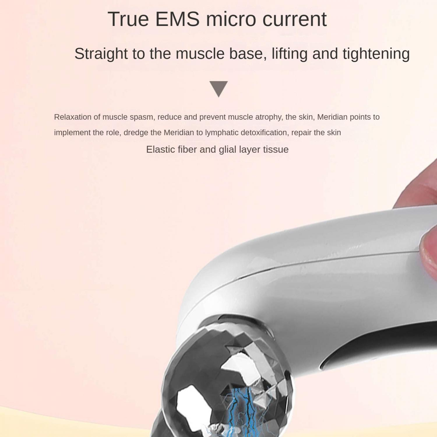 Ein wei'es EMS-Gerät mit einem Facettenglasrollenkopf, das auf einem rosafarbenen Hintergrund liegt.