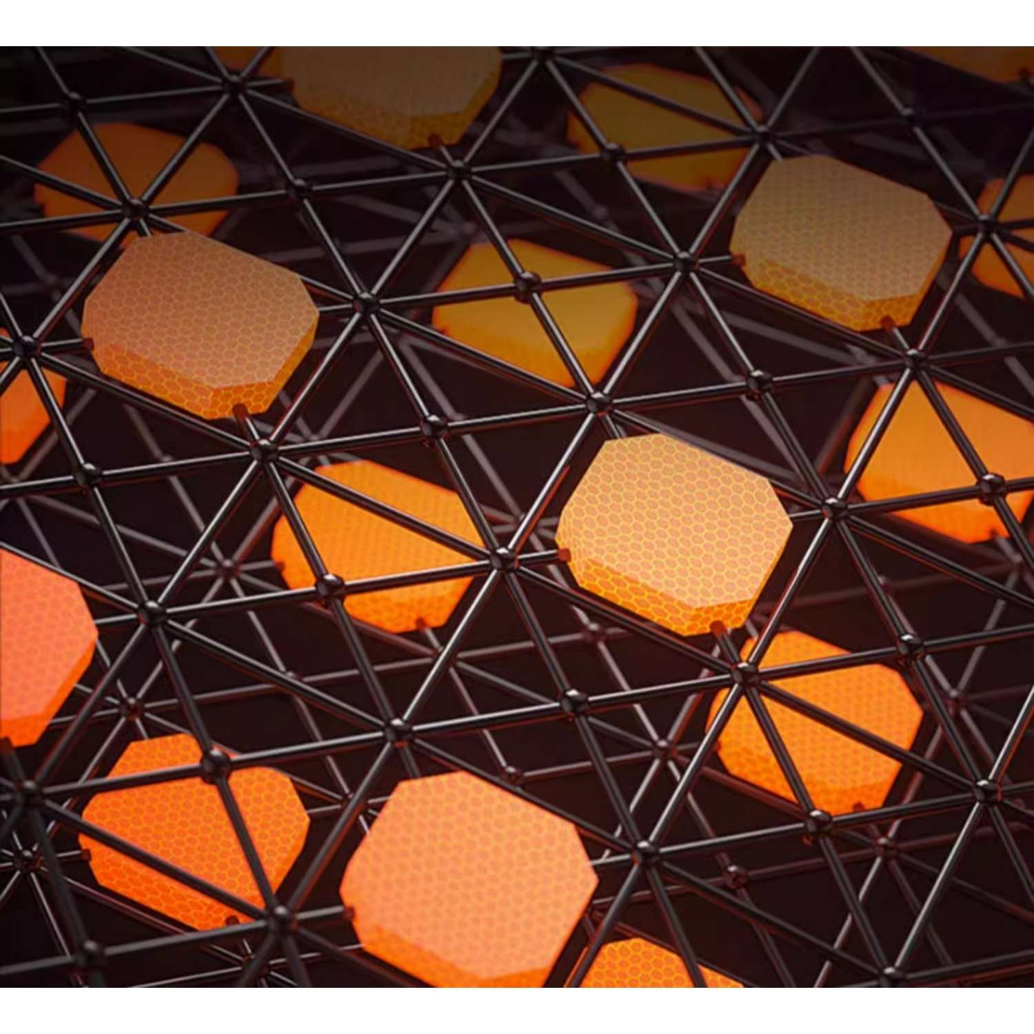 Orange-gelbe sechseckige Formen auf einem schwarzen Gitter.