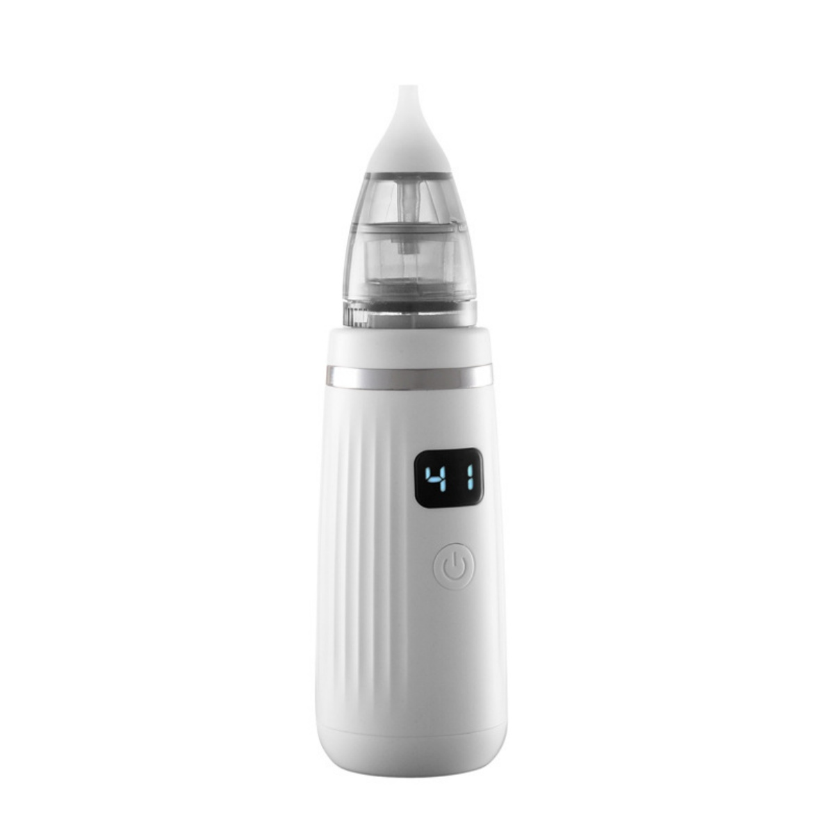 Ein weißer elektrischer Nasensauger mit digitaler Anzeige und Ein/Aus-Taste.