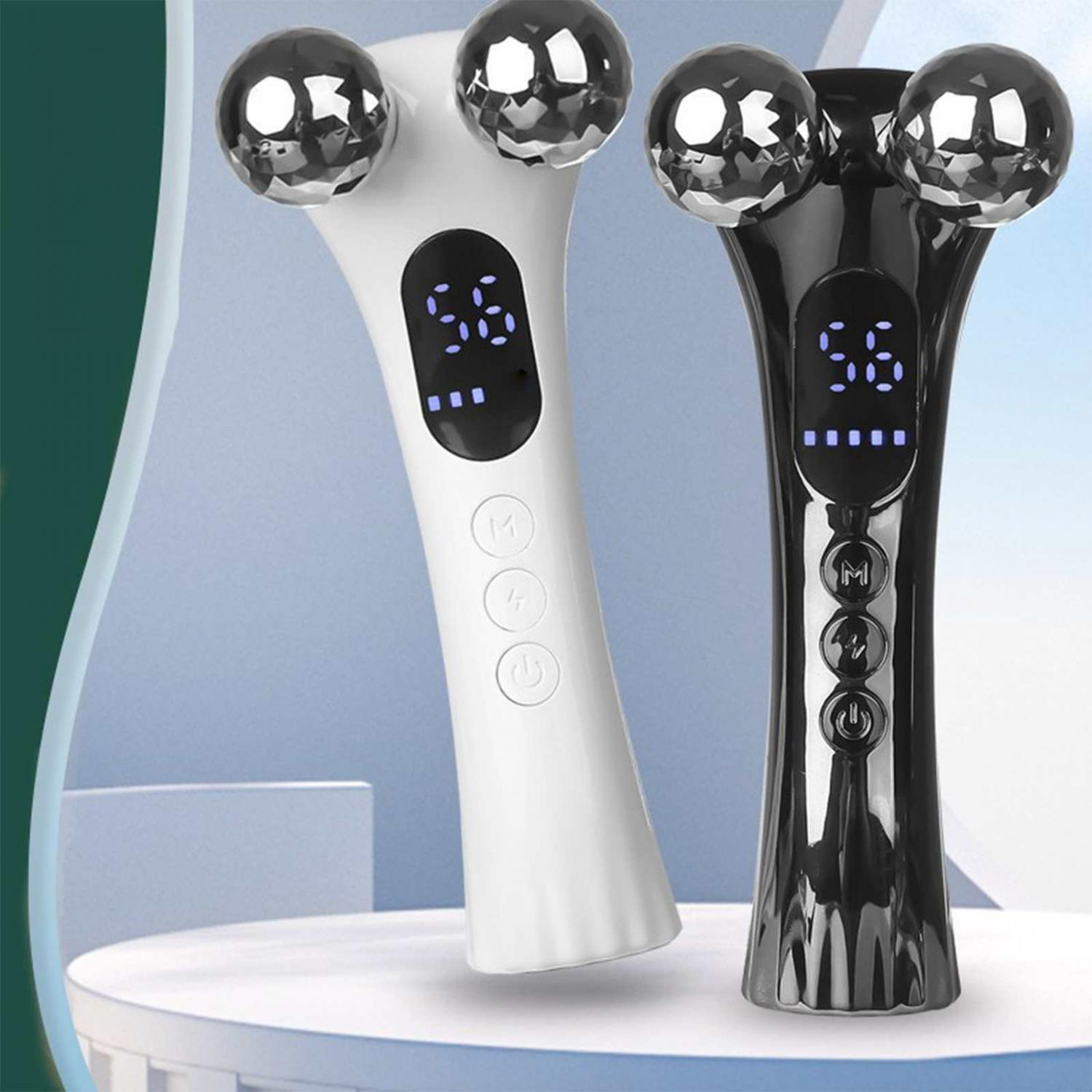 Zwei Gesichtsroller, ein weißer und ein schwarzer, mit drehbaren Kugeln und Displays.