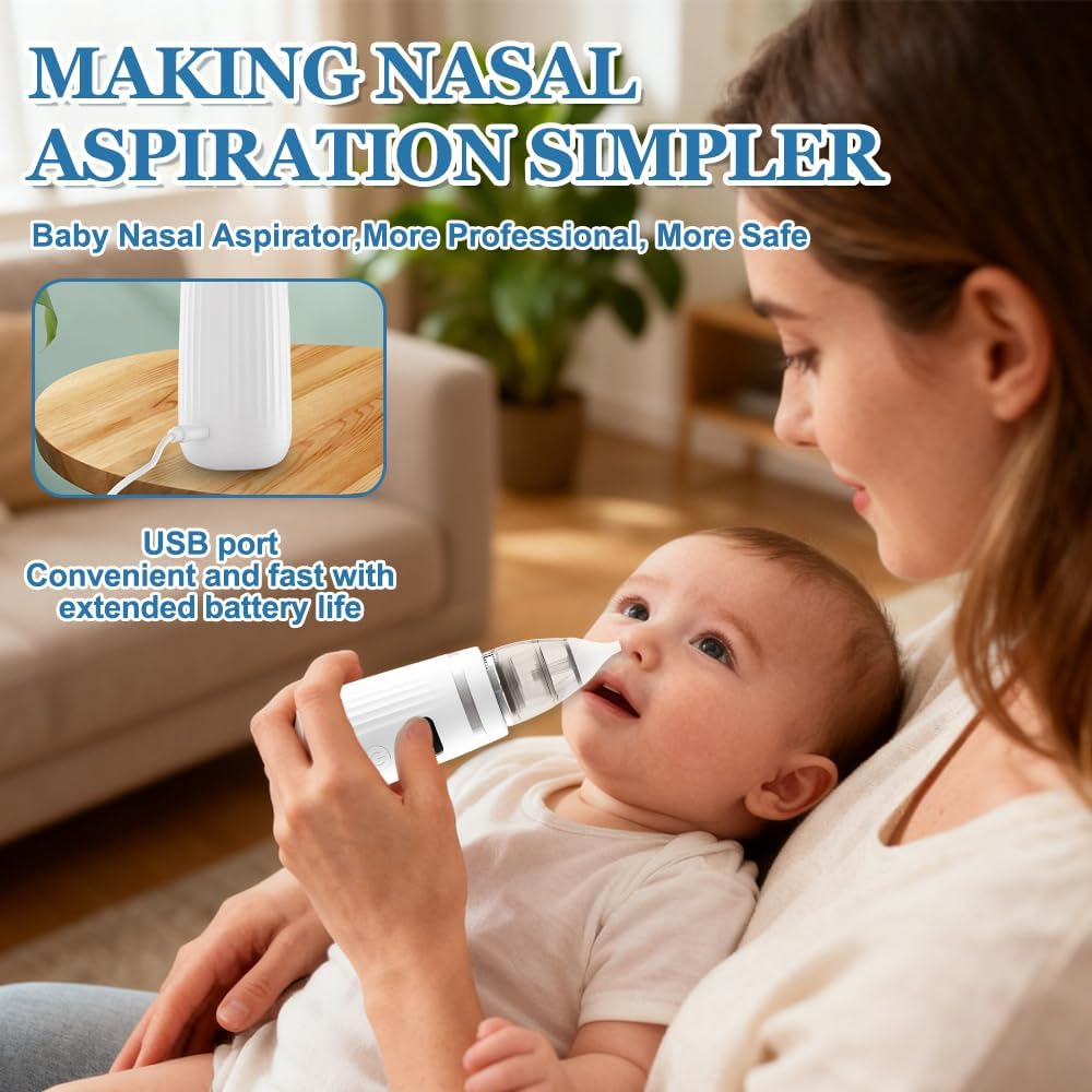 Mutter benutzt Nasensauger bei Baby. Text über einfache Nasenaspiration.