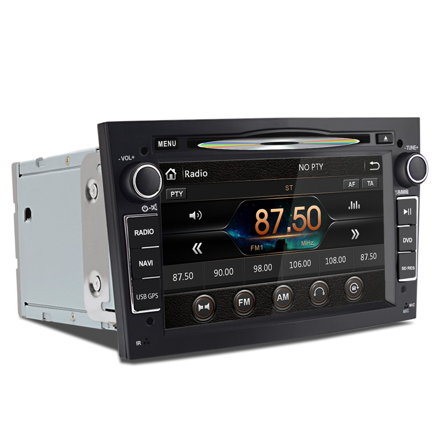 Ein Autoradio mit CD-Schlitz und Touchscreen zeigt Radiosender 87.50 FM1 an.