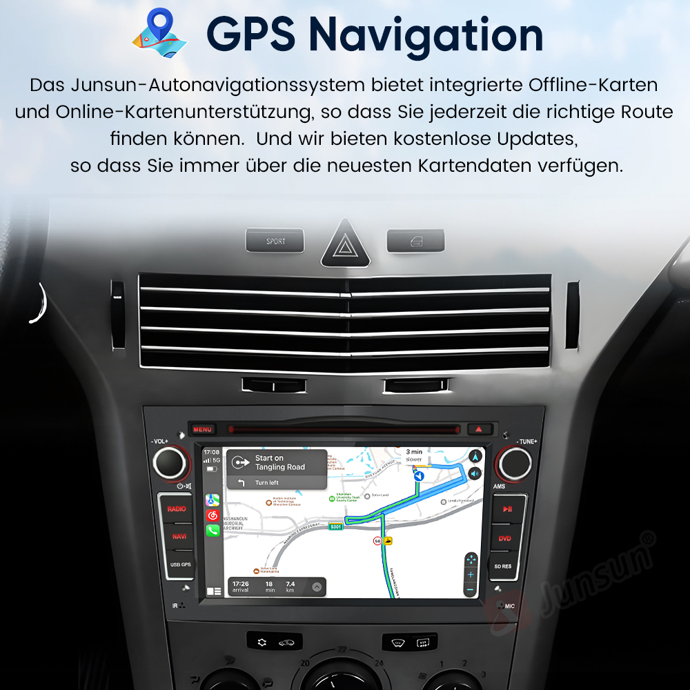 Ein Auto-Navigationssystem mit Karte, das die Route anzeigt.