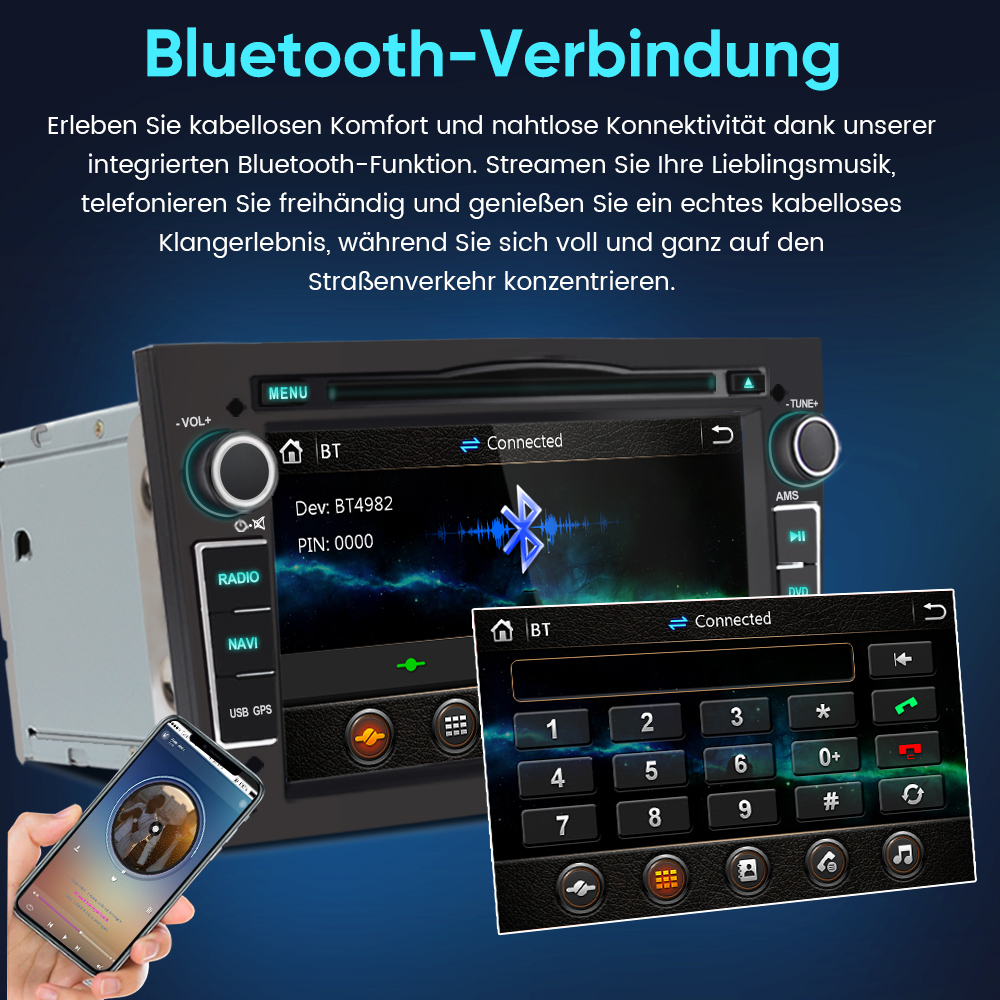 Ein Autoradio zeigt die Bluetooth-Verbindung mit einem verbundenen Handy an.