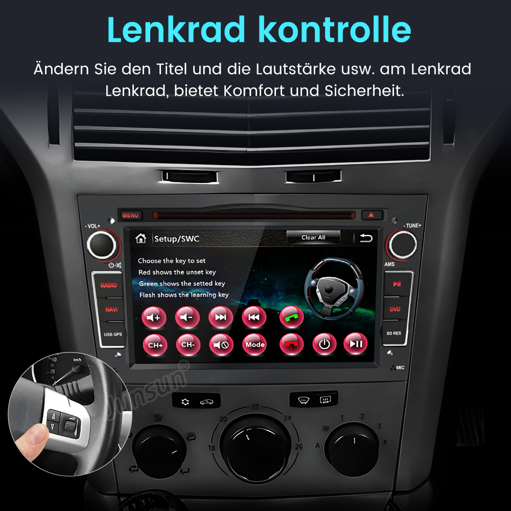 Ein Autoradio-Display zeigt Lenkradsteuerungseinstellungen mit Tasten und einem Lenkradsymbol.