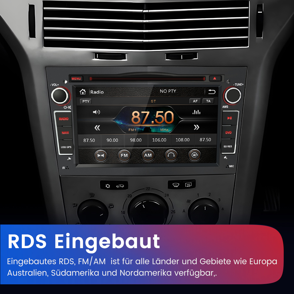Autoradio mit Touchscreen, zeigt 87.50 FM an. Bedienelemente und Lüftungsschlitze sichtbar.