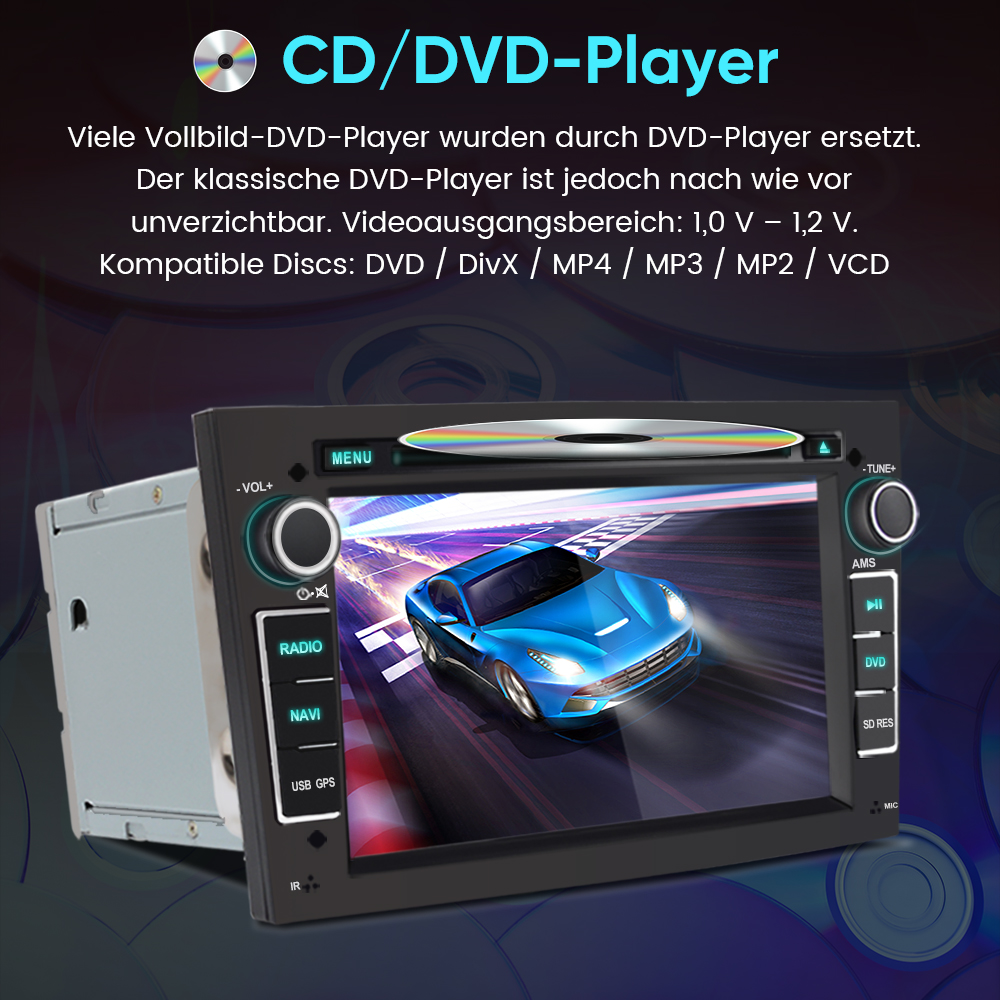 Ein CD/DVD-Player mit einem blauen Sportwagen auf dem Bildschirm.