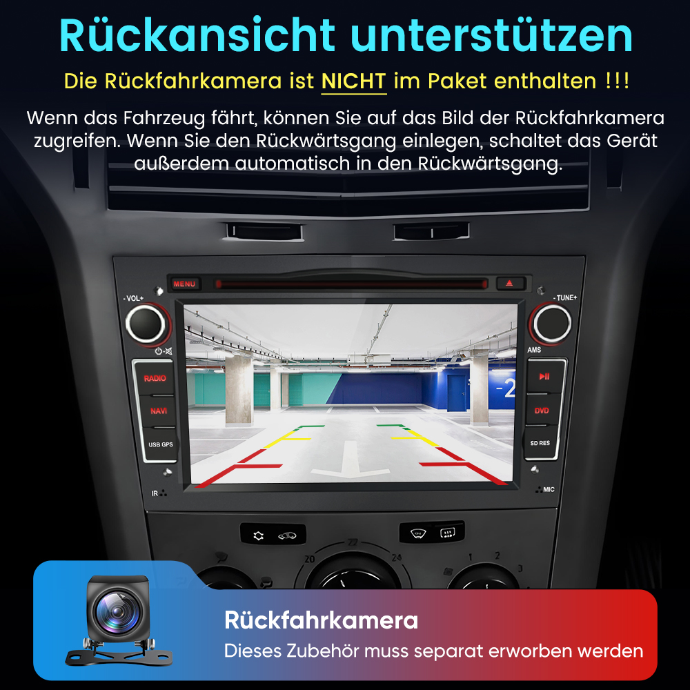 Rückfahrkameraansicht zeigt Parkplatz mit Markierungen. Unten: Kamera.