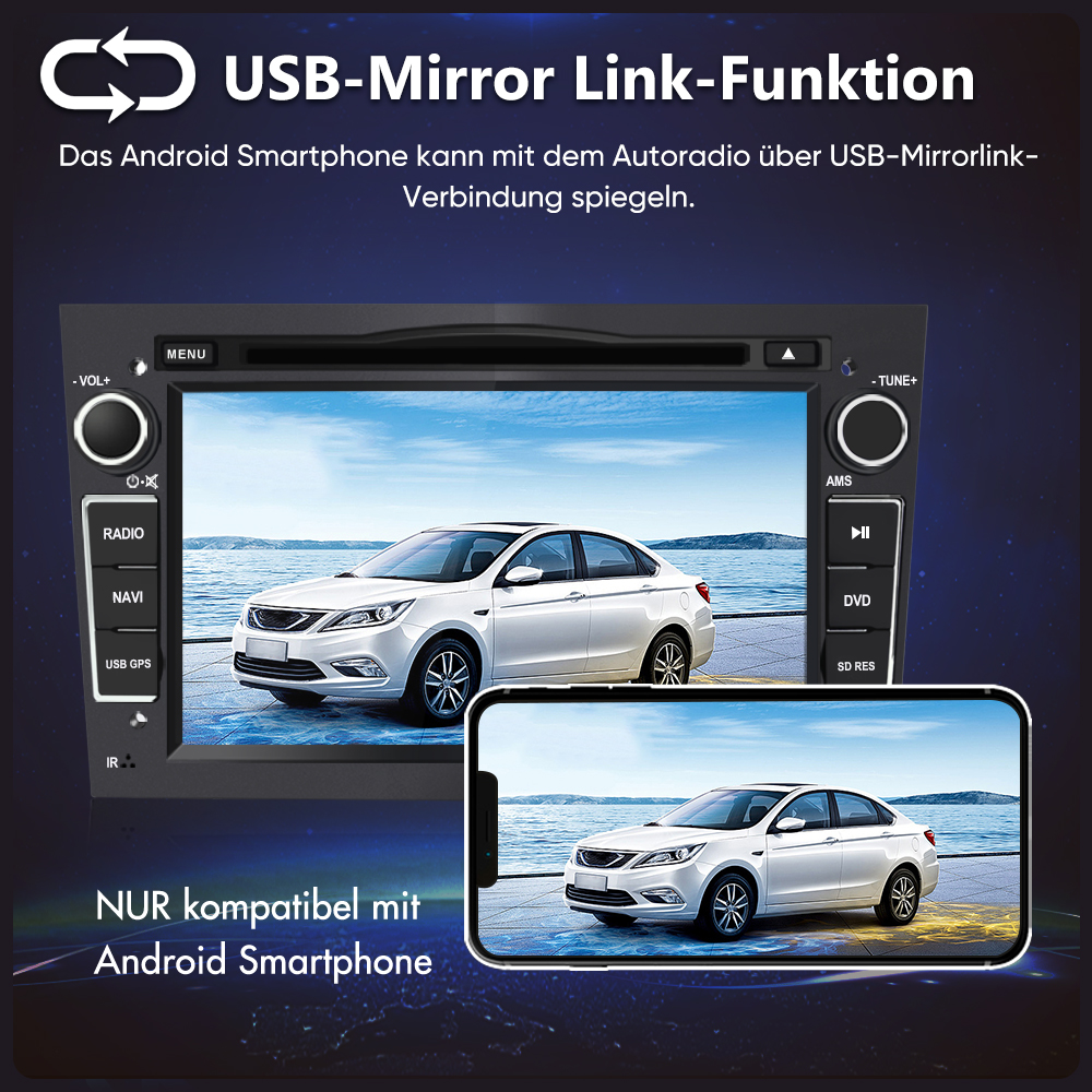 Ein Autoradio zeigt ein Auto, daneben ein Smartphone mit gleichem Bild.