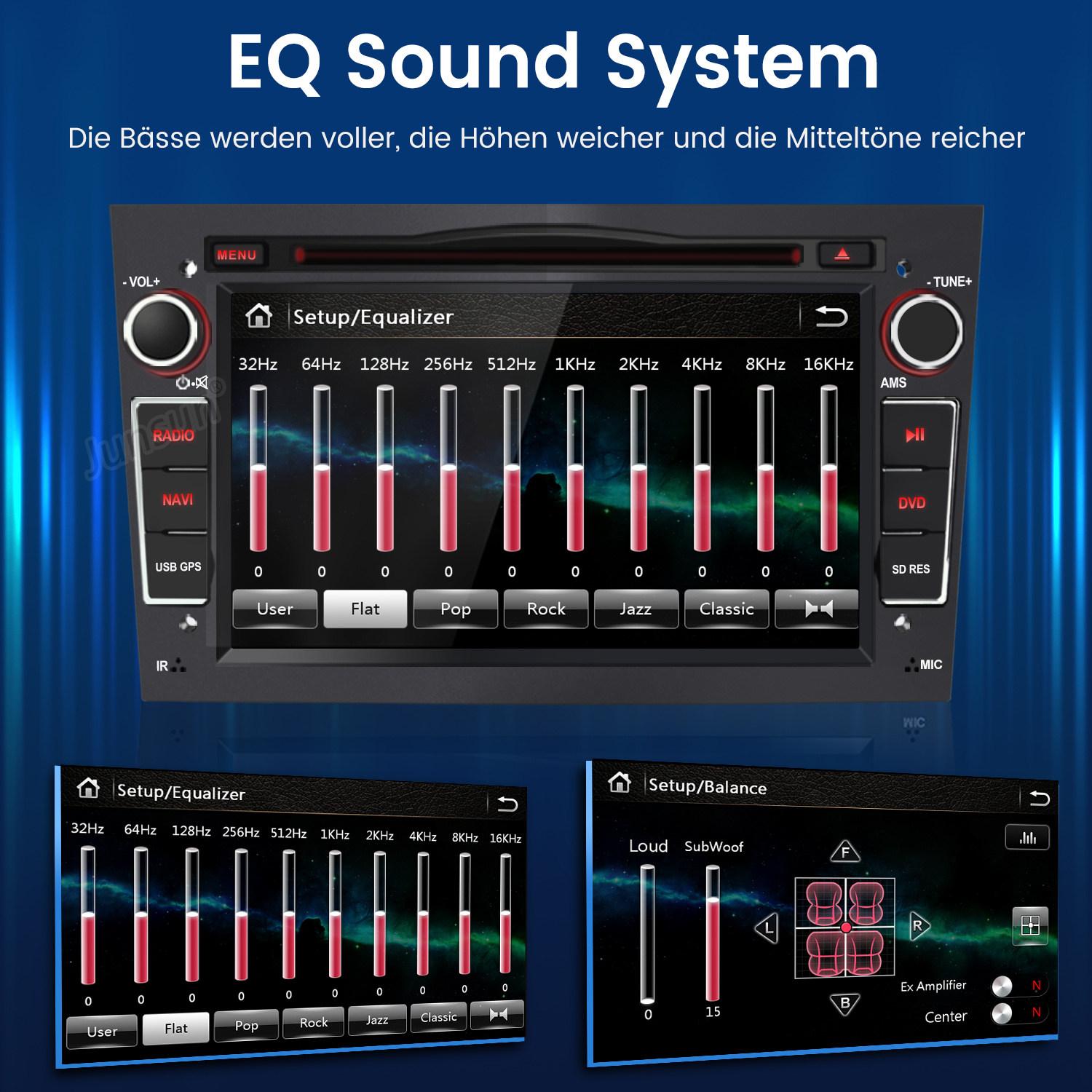 EQ-Sound-System mit Equalizer- und Balance-Einstellungen auf dem Autoradio-Display.
