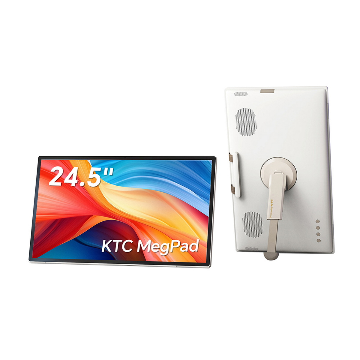 Ein 24,5-Zoll-Tablet mit bunten Wellen auf dem Bildschirm und einer Rückseite mit Ständer.