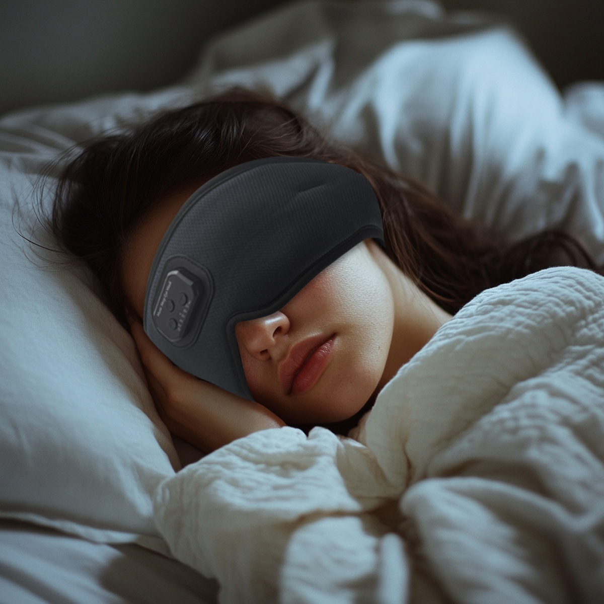 Una donna dorme indossando una mascherina nera con bottoni, coperta da una coperta bianca.