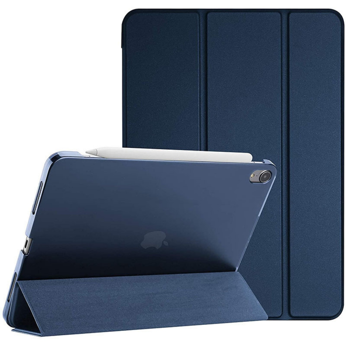Dunkelblaue Hülle für ein Tablet mit Stift. Das Tablet ist aufgestellt.