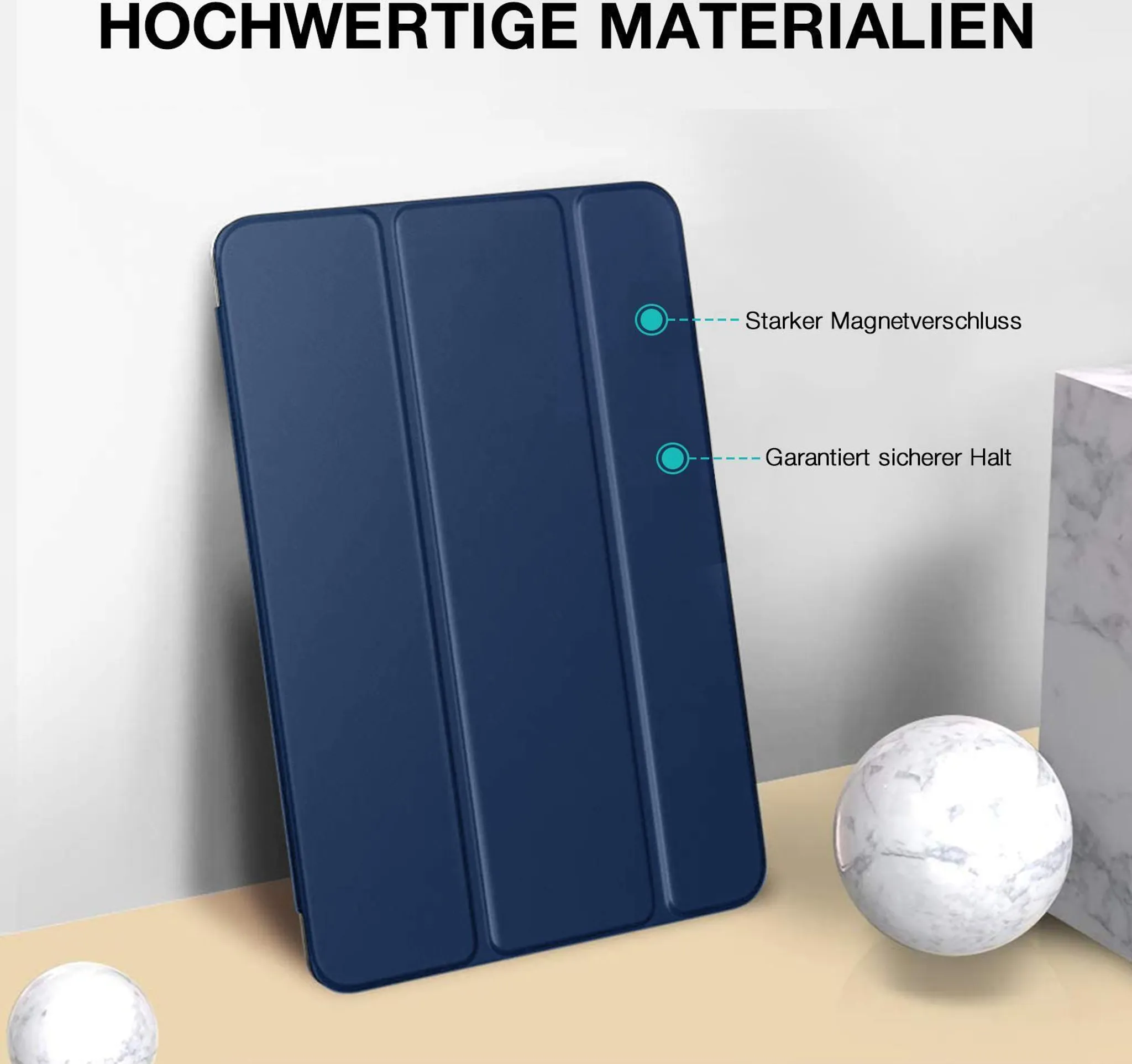 Dunkelblaue Hülle mit Magnetverschluss und Marmorkugeln.
