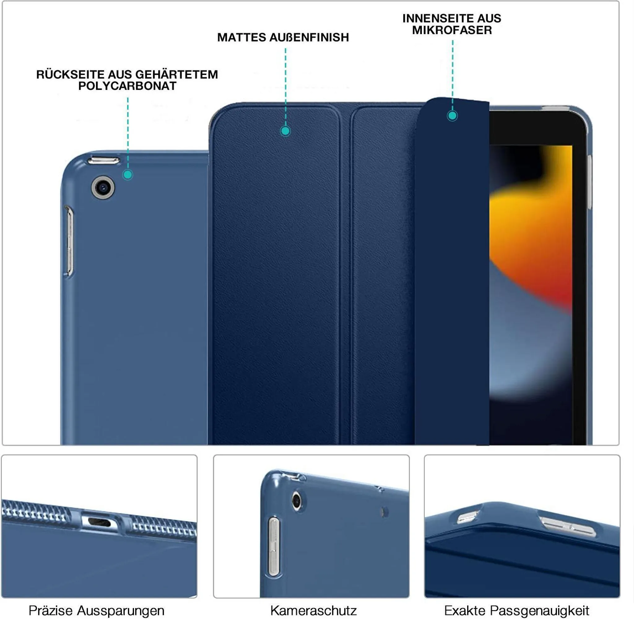 Blaue Tablet-Hülle mit Aussenseite aus Polycarbonat und Mikrofaser-Innenseite.