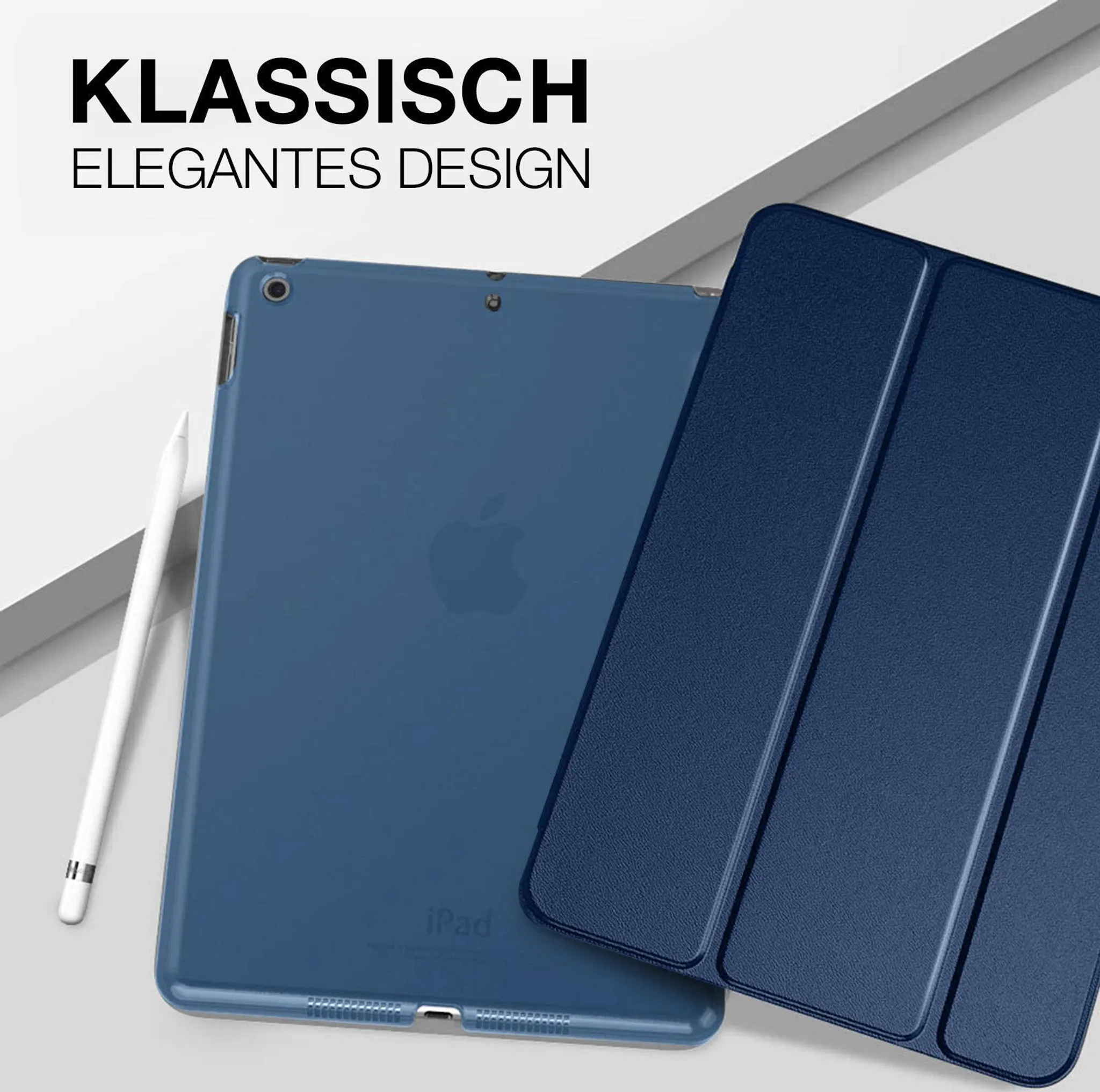 Ein blauer iPad-Ständer und ein weißer Stift auf grauem Hintergrund.