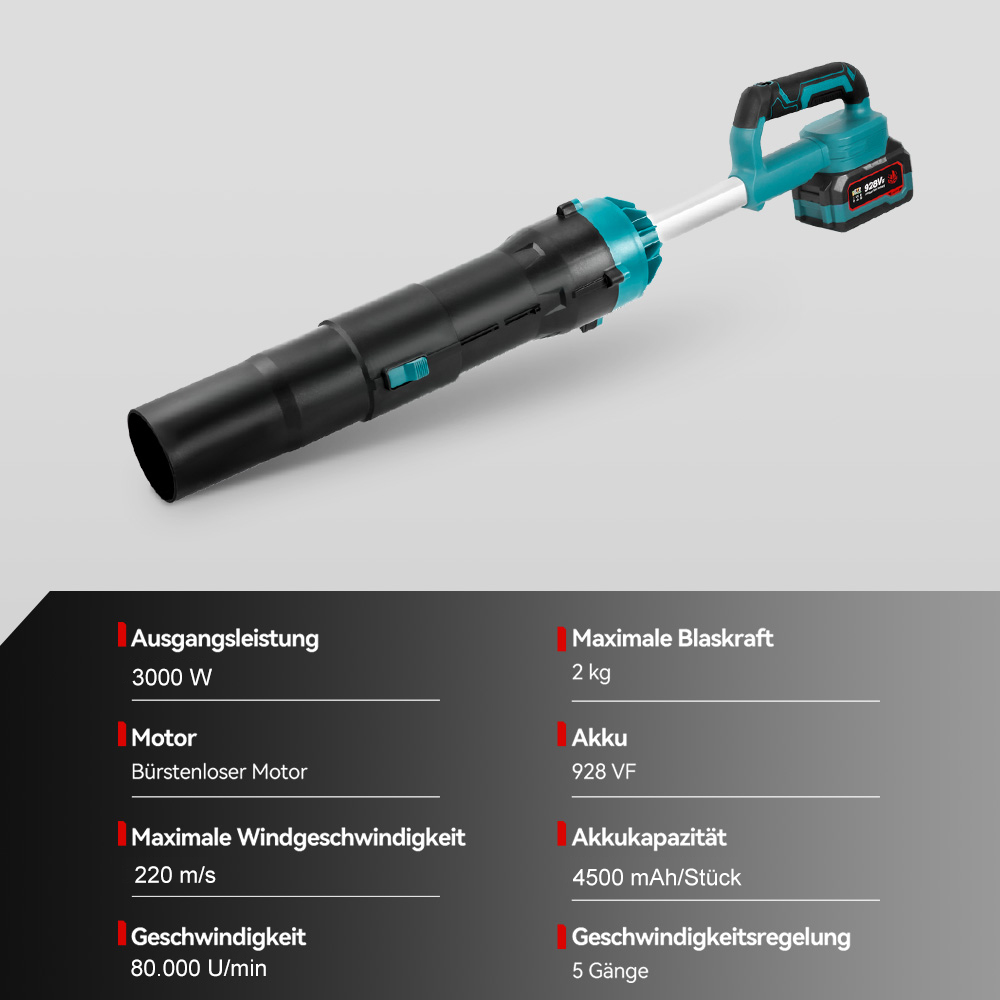 Ein Akku-Laubbläser in Schwarz und Türkis mit technischen Daten.