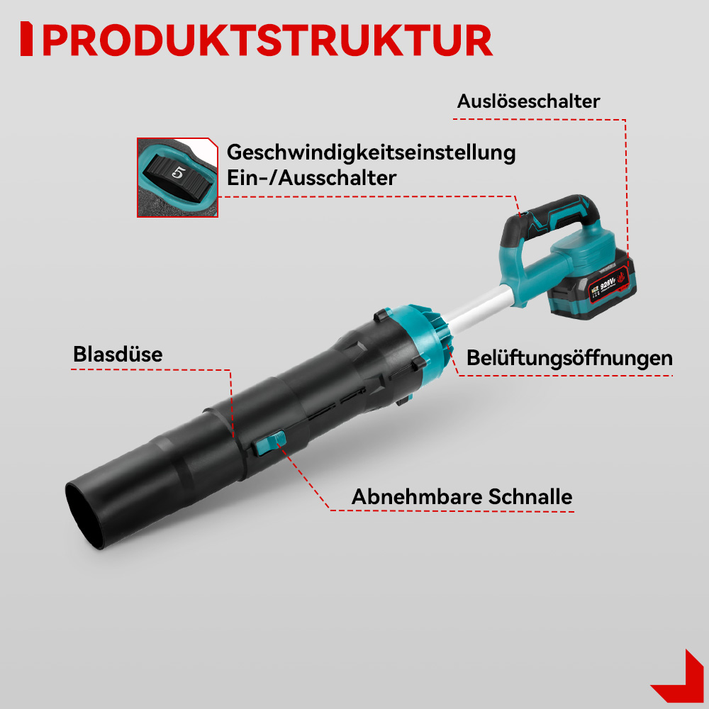 Ein Akku-Blasgerät mit Düse, Griff, Schalter und Lüftungsöffnungen.