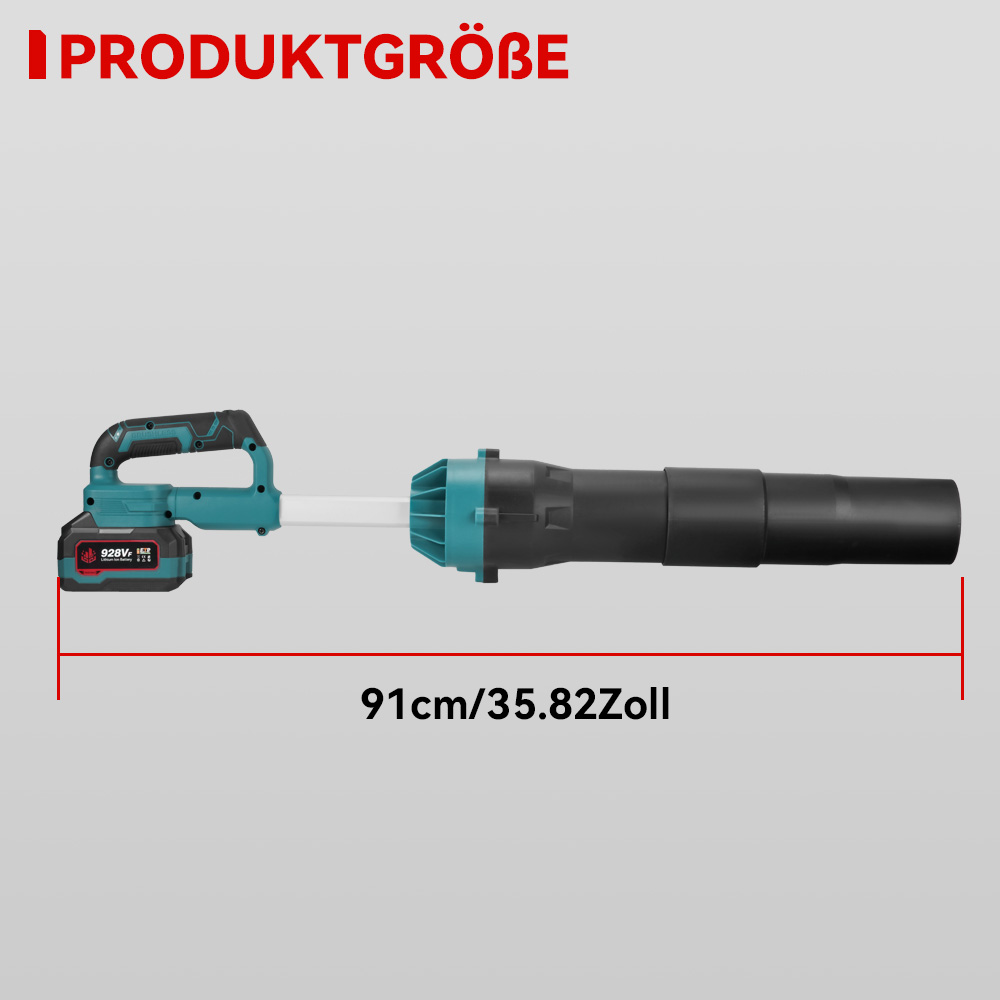 Ein blauer Laubbläser mit schwarzem Rohr misst 91cm.