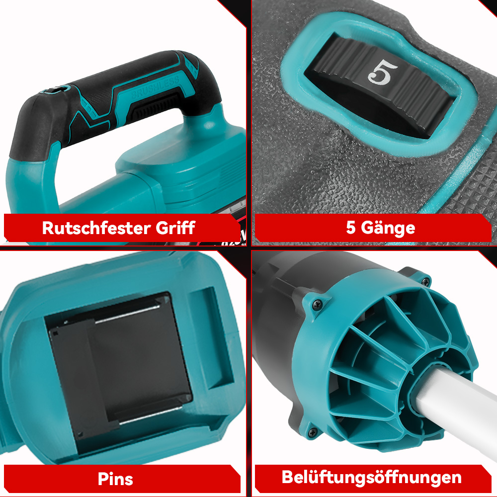 Vier Details eines Werkzeugs: Griff, Schalter, Pins und Lüftungsöffnungen.