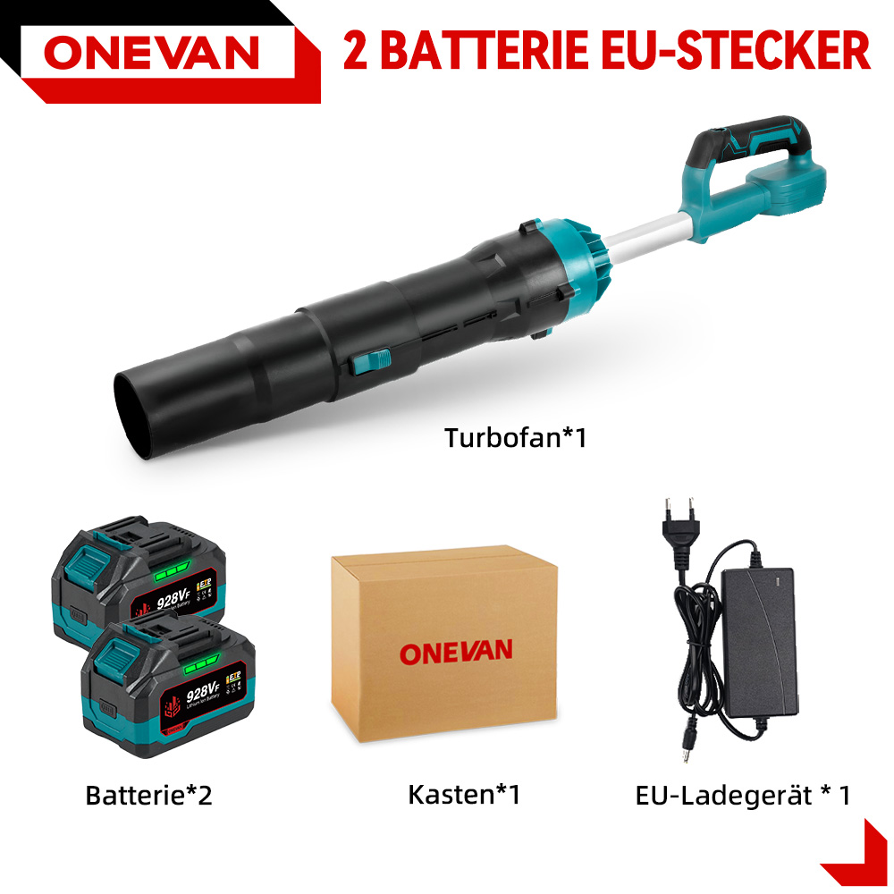 Ein Turbofan-Bläser, zwei Batterien, ein Karton und ein EU-Ladegerät.