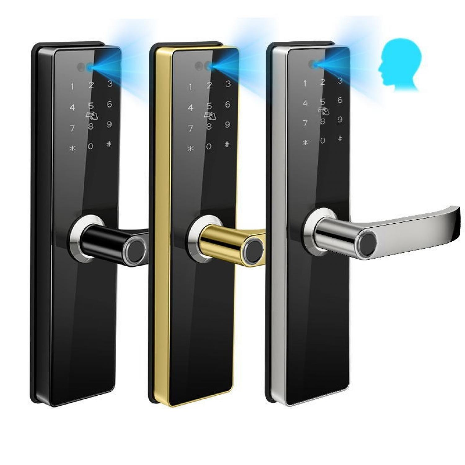 Drei digitale Türschlösser in Schwarz, Gold und Silber mit Zahlentastatur.