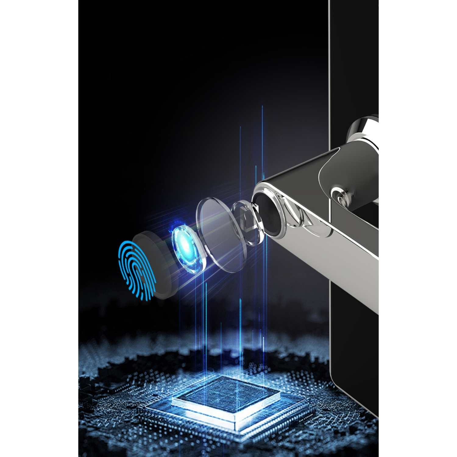 Explodierte Ansicht eines Fingerabdrucksensors mit Linse und Chip.