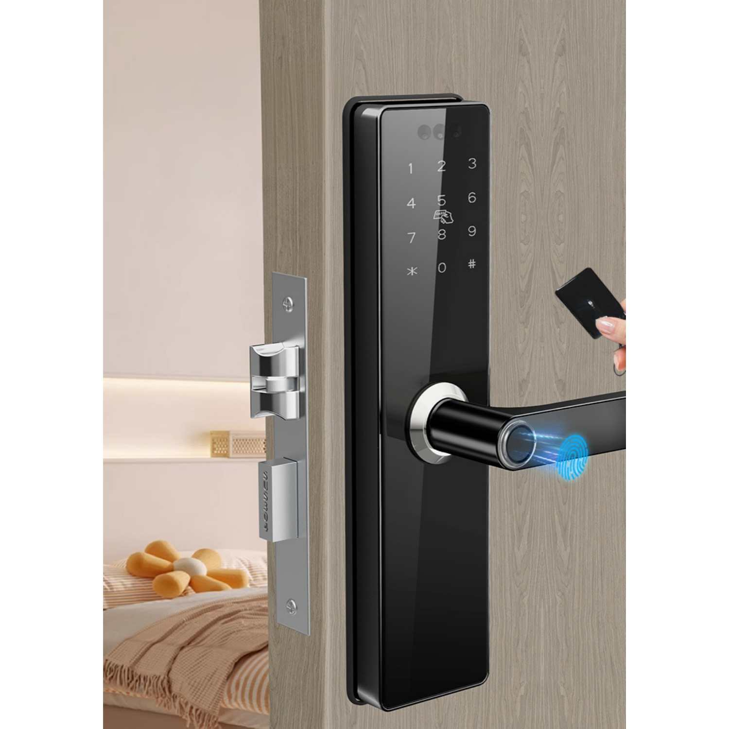 Schwarzes Smart-Türschloss mit Zifferntastatur und Fingerabdruckscanner.