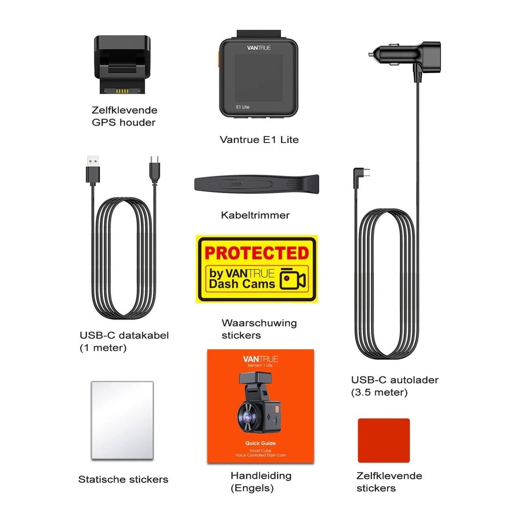 Vantrue E1 Lite Zubehör: GPS-Halter, Dashcam, Kabel, Aufkleber, Anleitung.