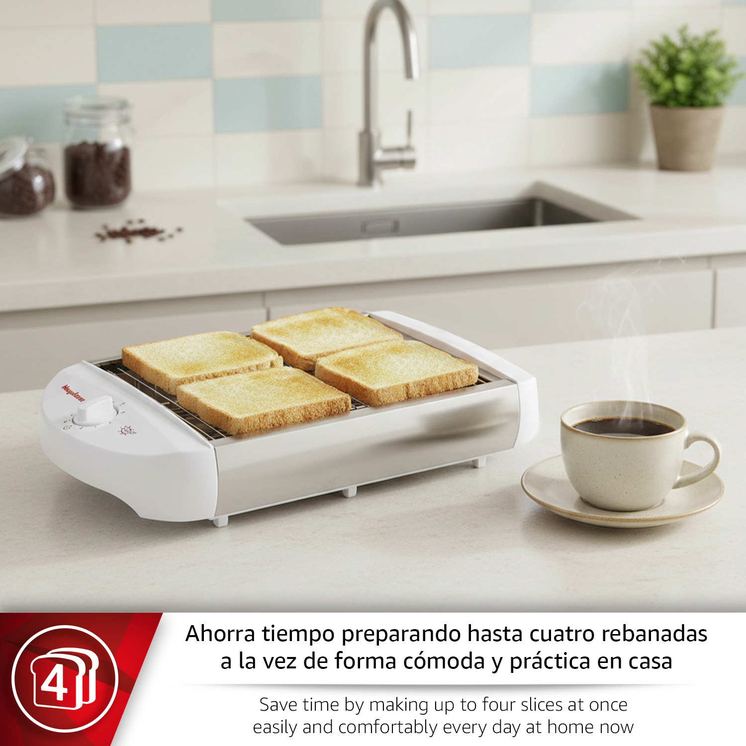Un tostador de cuatro rebanadas con tostadas y una taza de café.