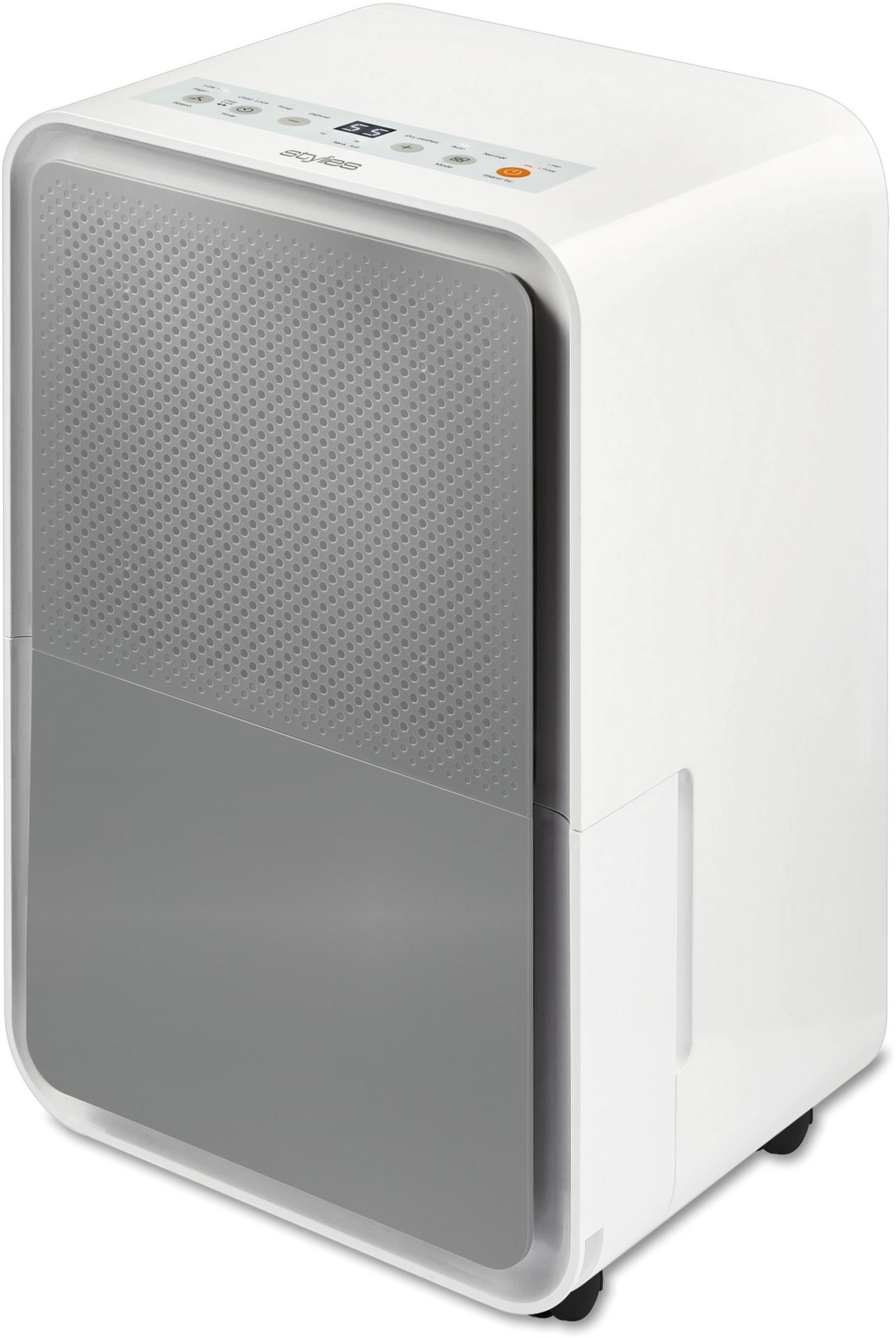 Deumidificatore bianco con frontale grigio e pannello di controllo.