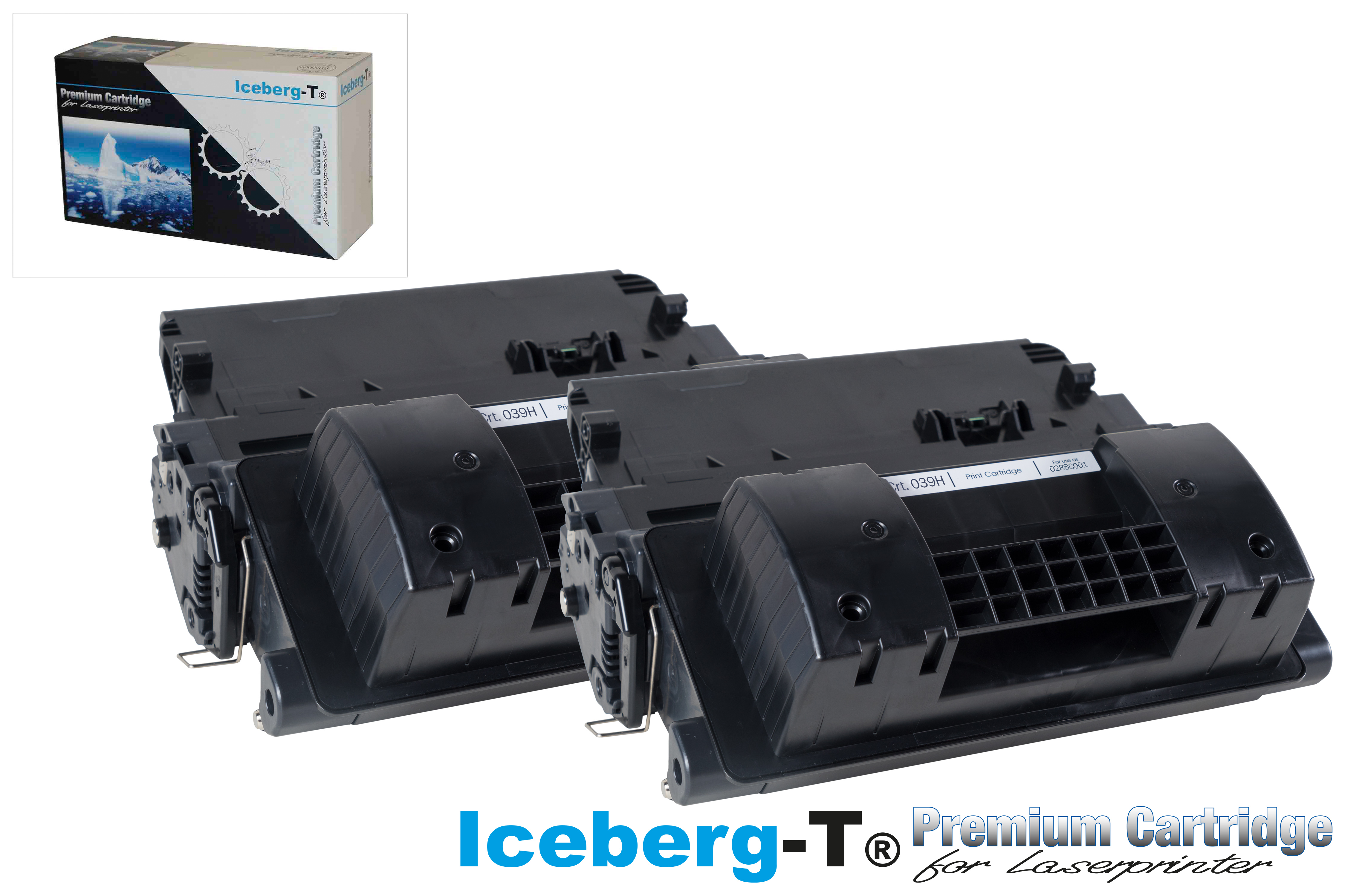 Zwei schwarze Laserdruckerpatronen und eine Verpackungsbox mit Eisbergmotiv.