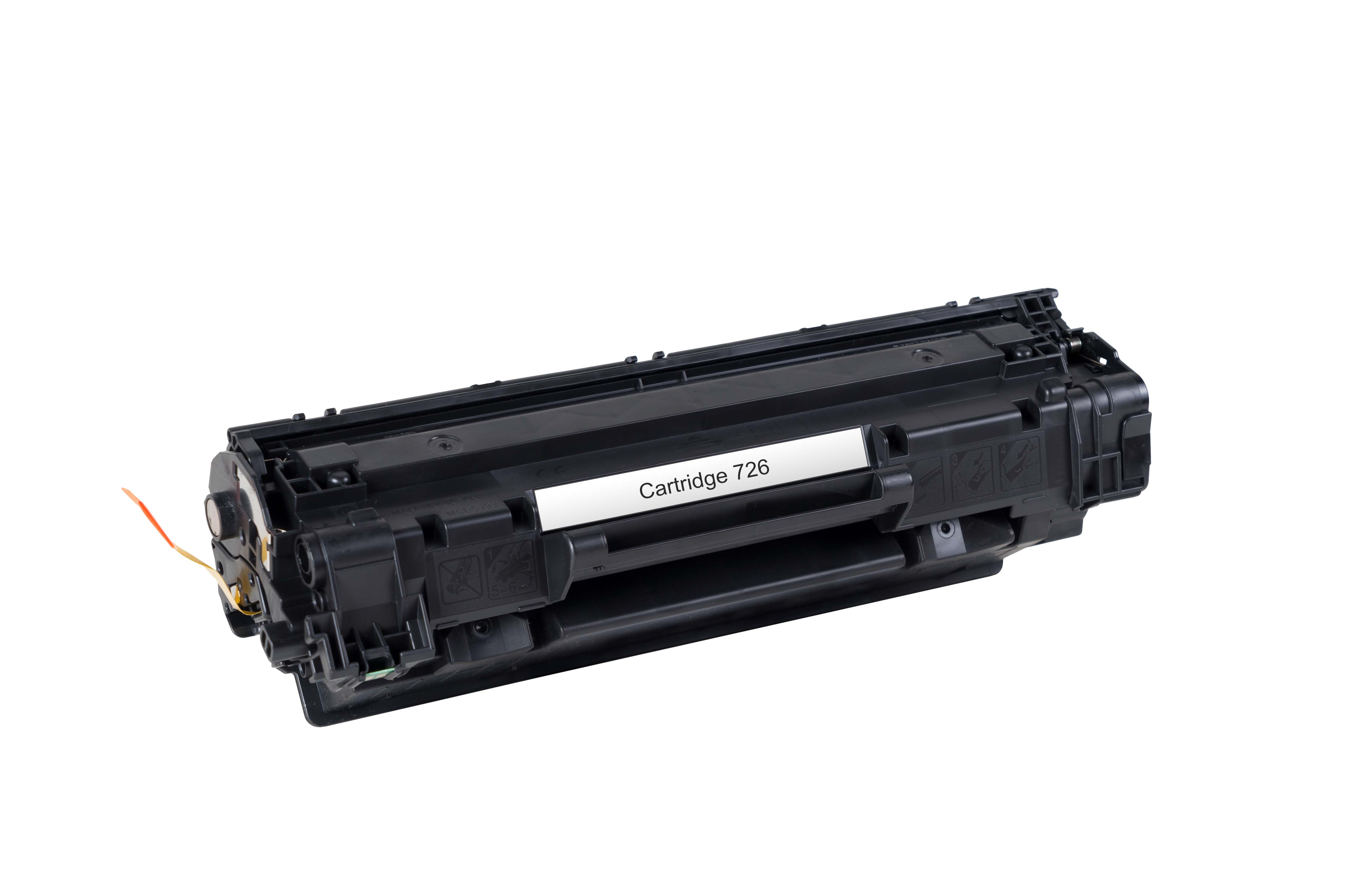 Schwarzer Toner-Cartridge 726 mit orangem Band auf weißem Hintergrund.