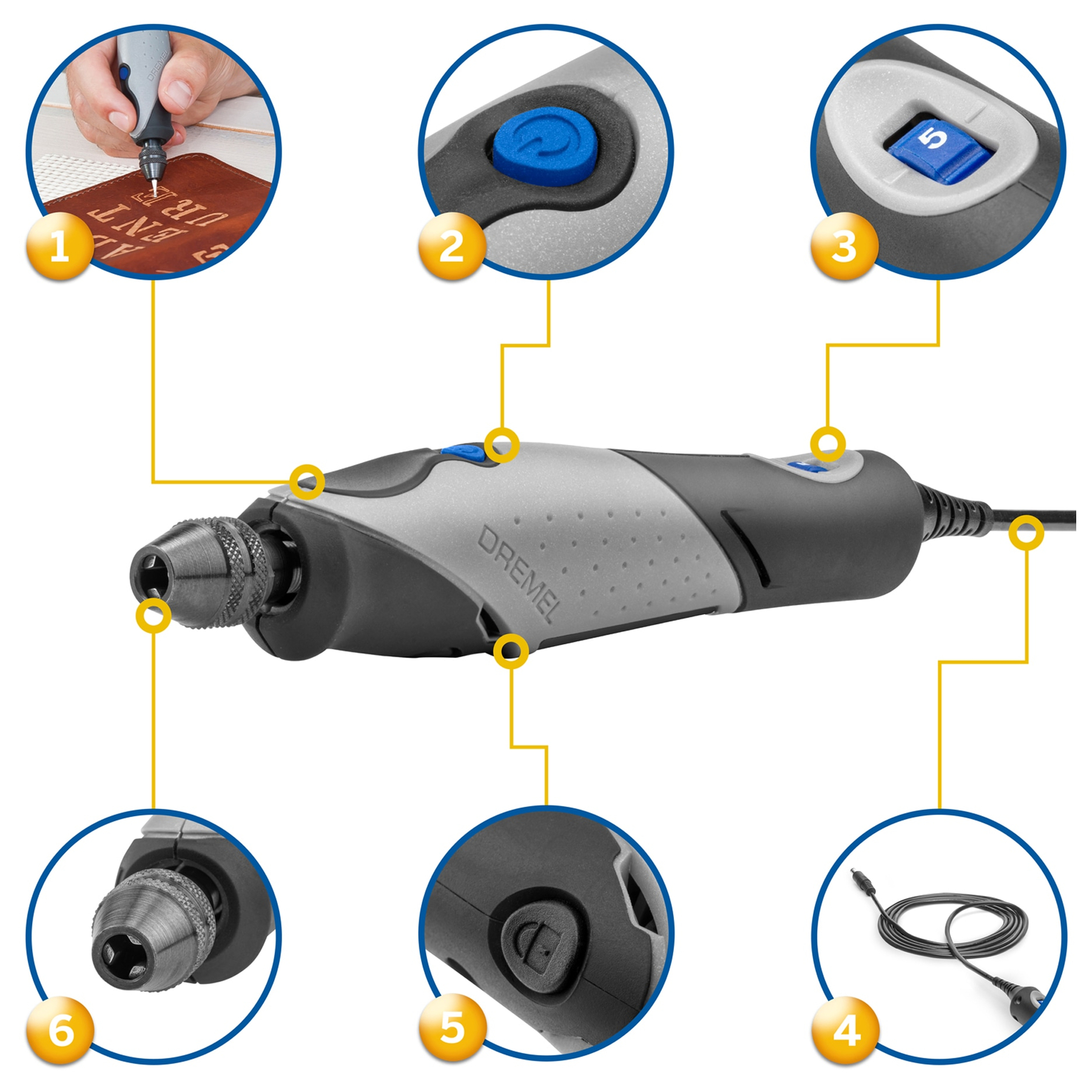 Dremel Werkzeug mit Nahaufnahmen von Funktionen: Gravur, Tasten, Netzteil.