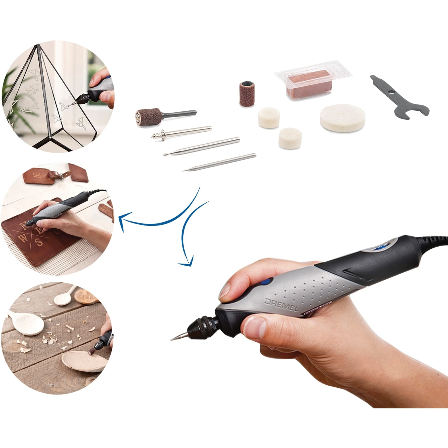 Ein Dremel-Werkzeug wird für Gravuren auf Glas, Leder und Holz verwendet.