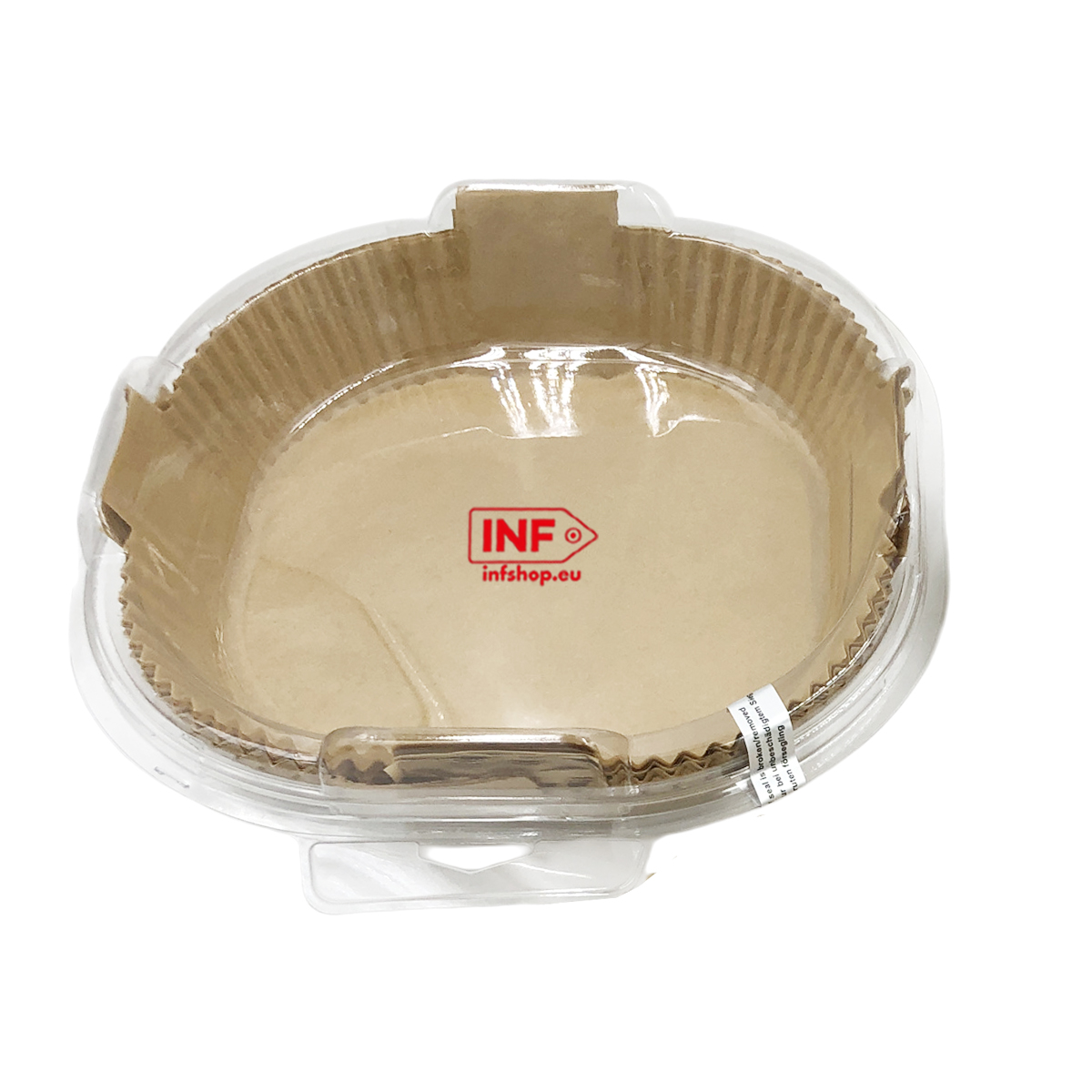 Brauner Pappkuchenbehälter in transparenter Plastikbox mit rotem Logo.