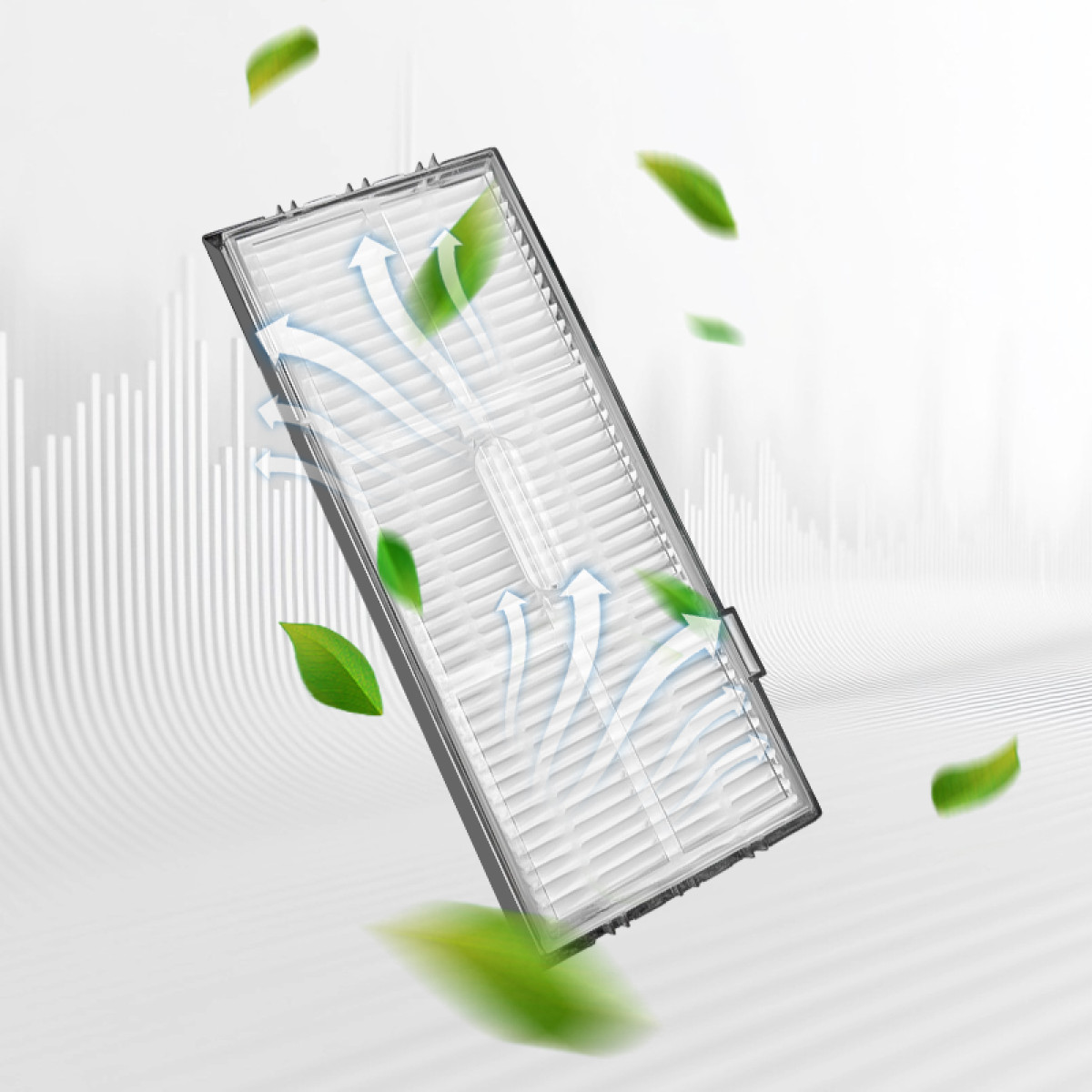 Filtr powietrza z zielonymi liśćmi i strzałkami wskazującymi przepływ powietrza.