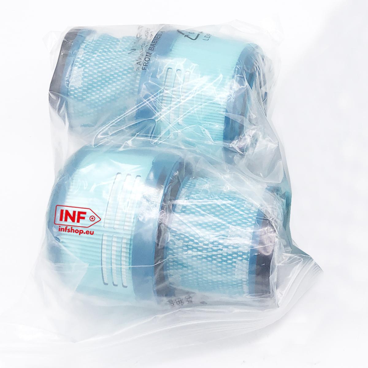 Drei blaue Filter in einer Plastikverpackung. Ein Logo zeigt INF infshop.eu.
