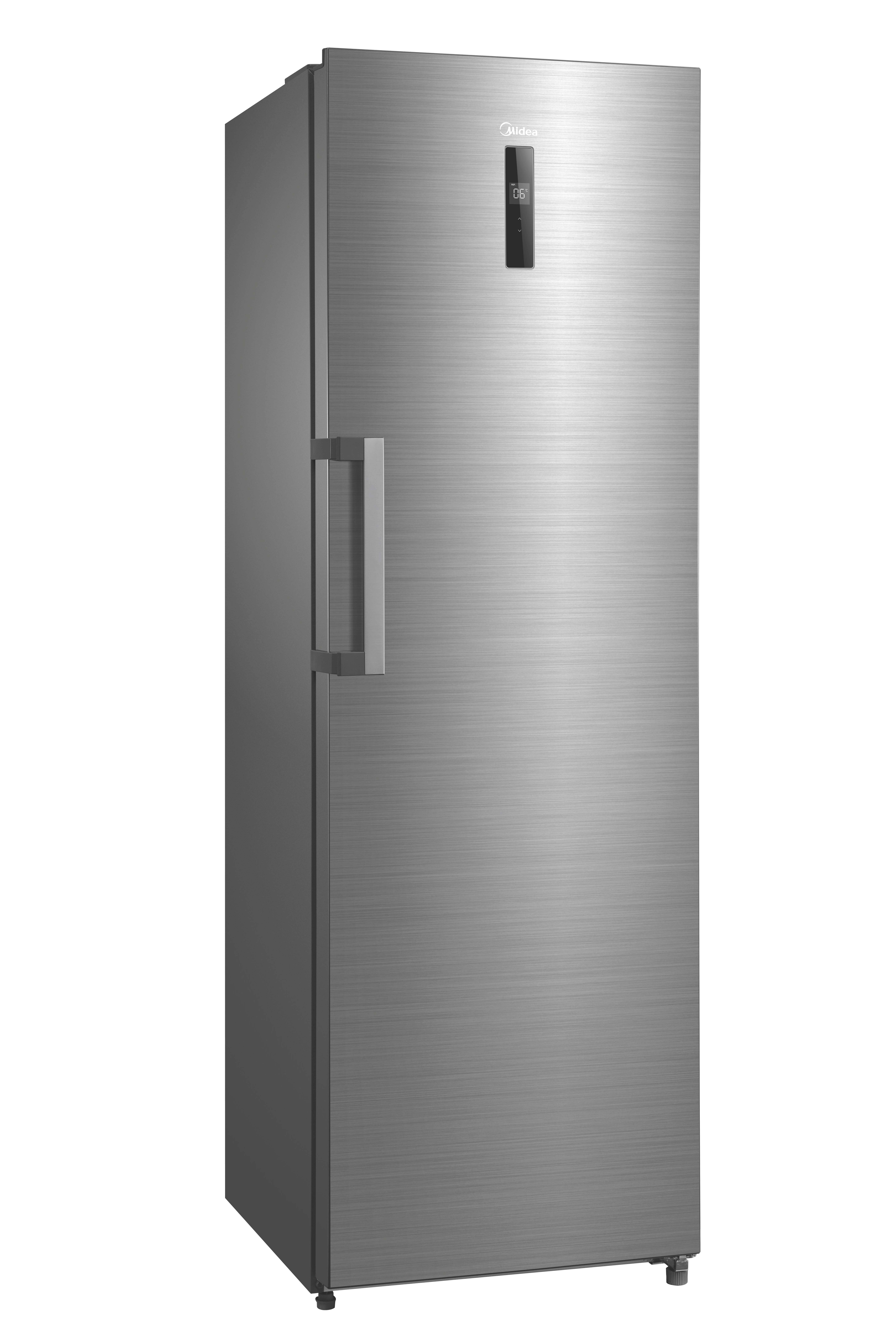 Ein silberner Kühlschrank mit einem digitalen Display und einem Griff.